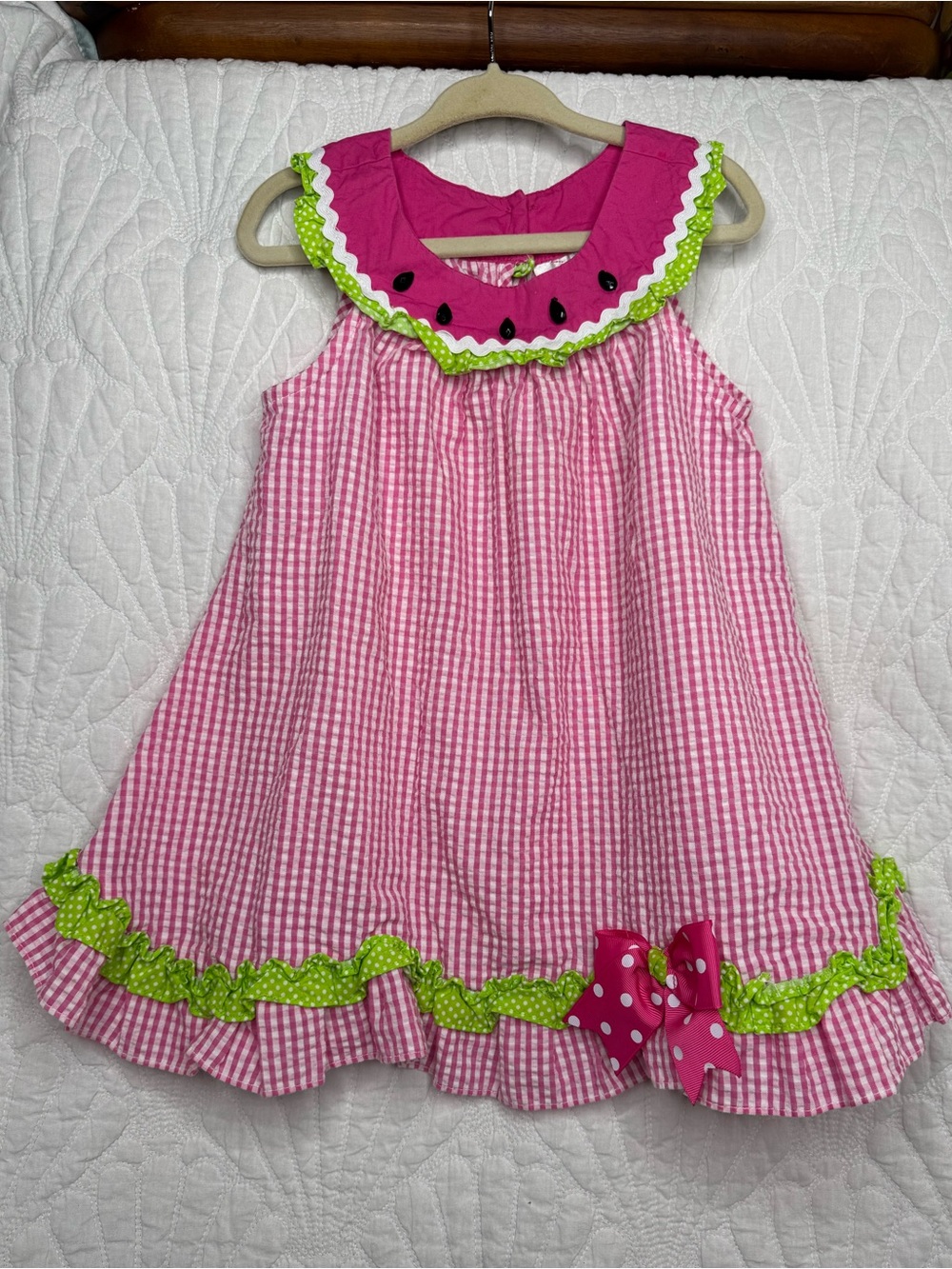 Rare Editions - watermelon Pink Gingham Ruffled Skirt with Lime Polka Dot Trim